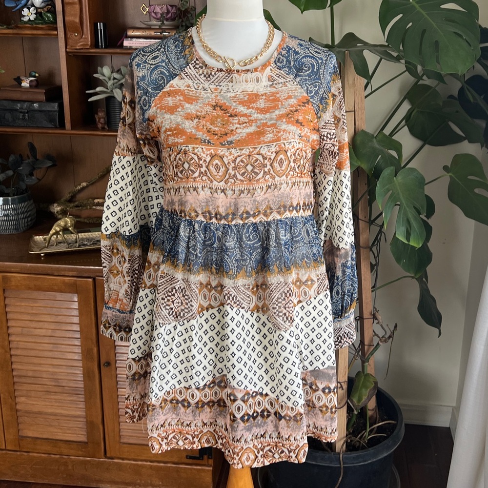 *AnM Bohemian Patchwork Long Sleeve Tunic Mini Dress M